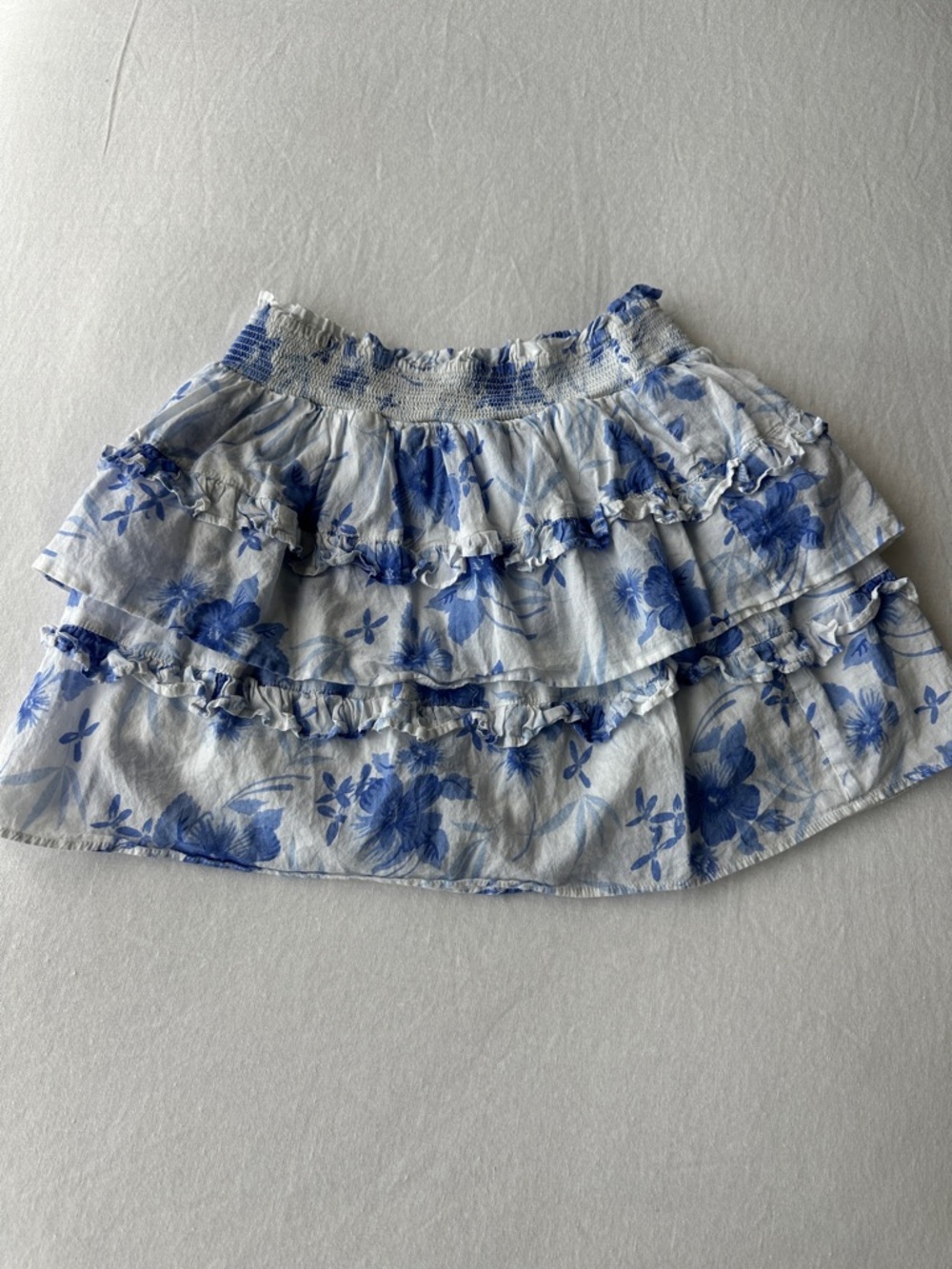 LoveShackFancy Blue and White Tiered Ruffle Mini Skirt